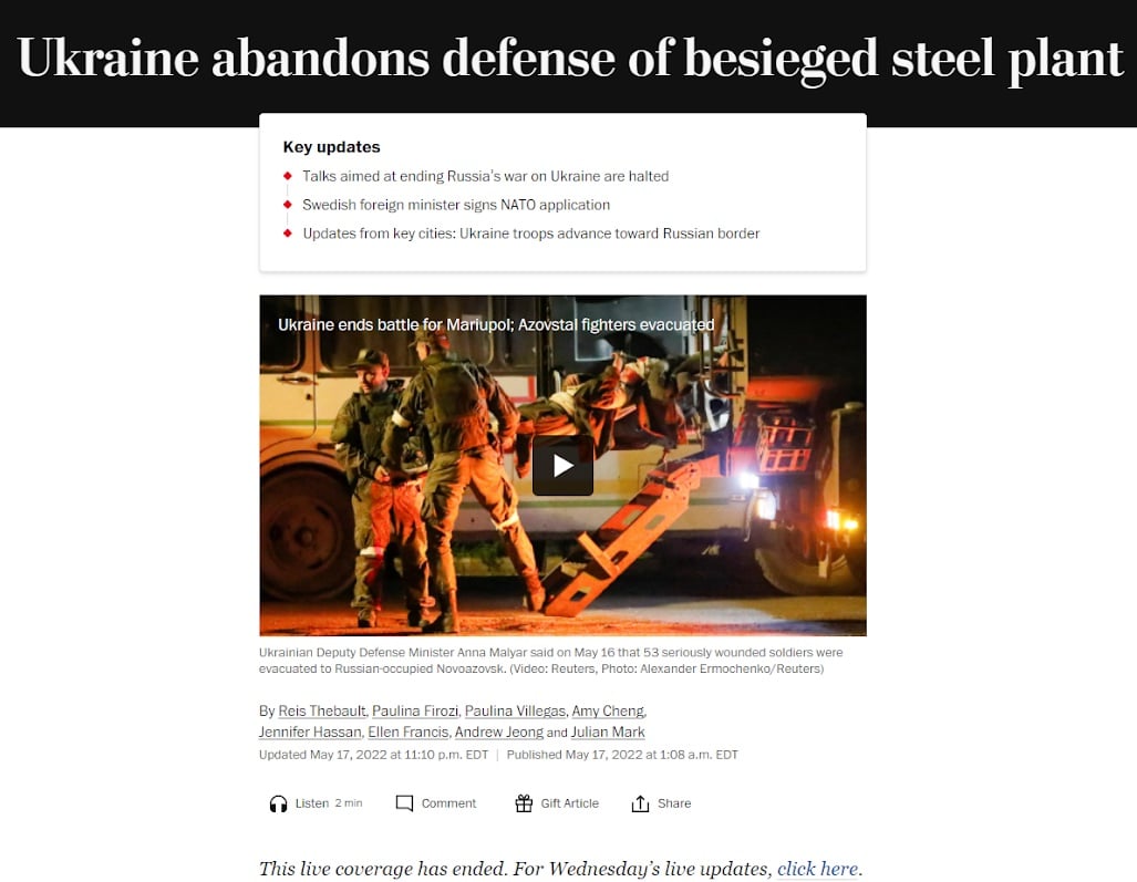 The Washington Post live blog includes updates from the Ukrainian war zone and broader developments.