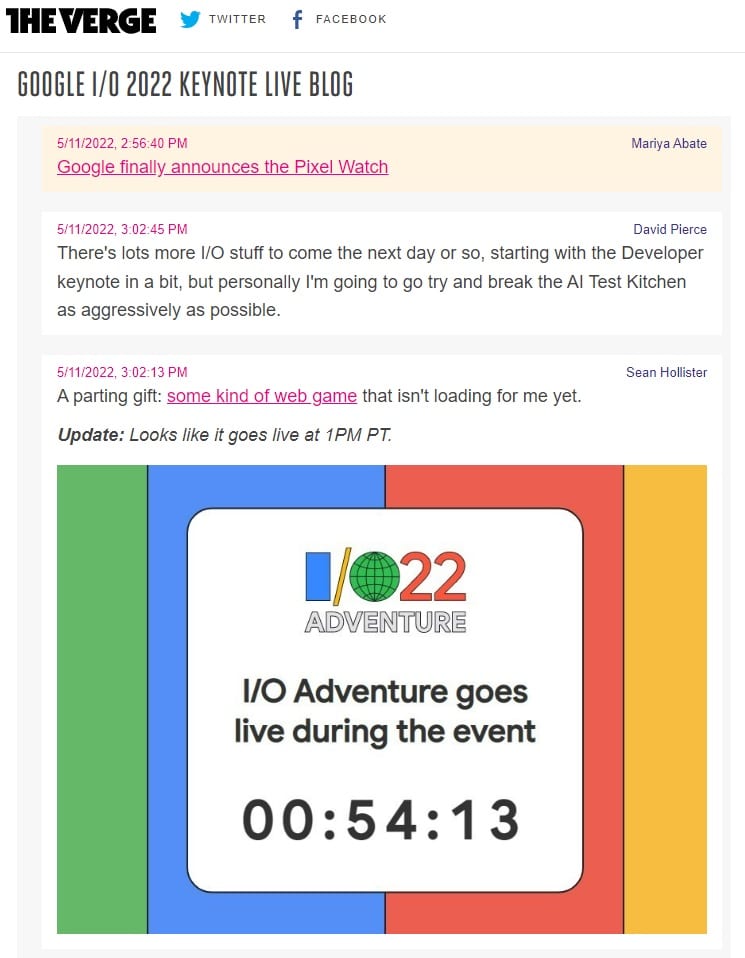 The Verge's live blog had a live blog focused on Google's keynote address.